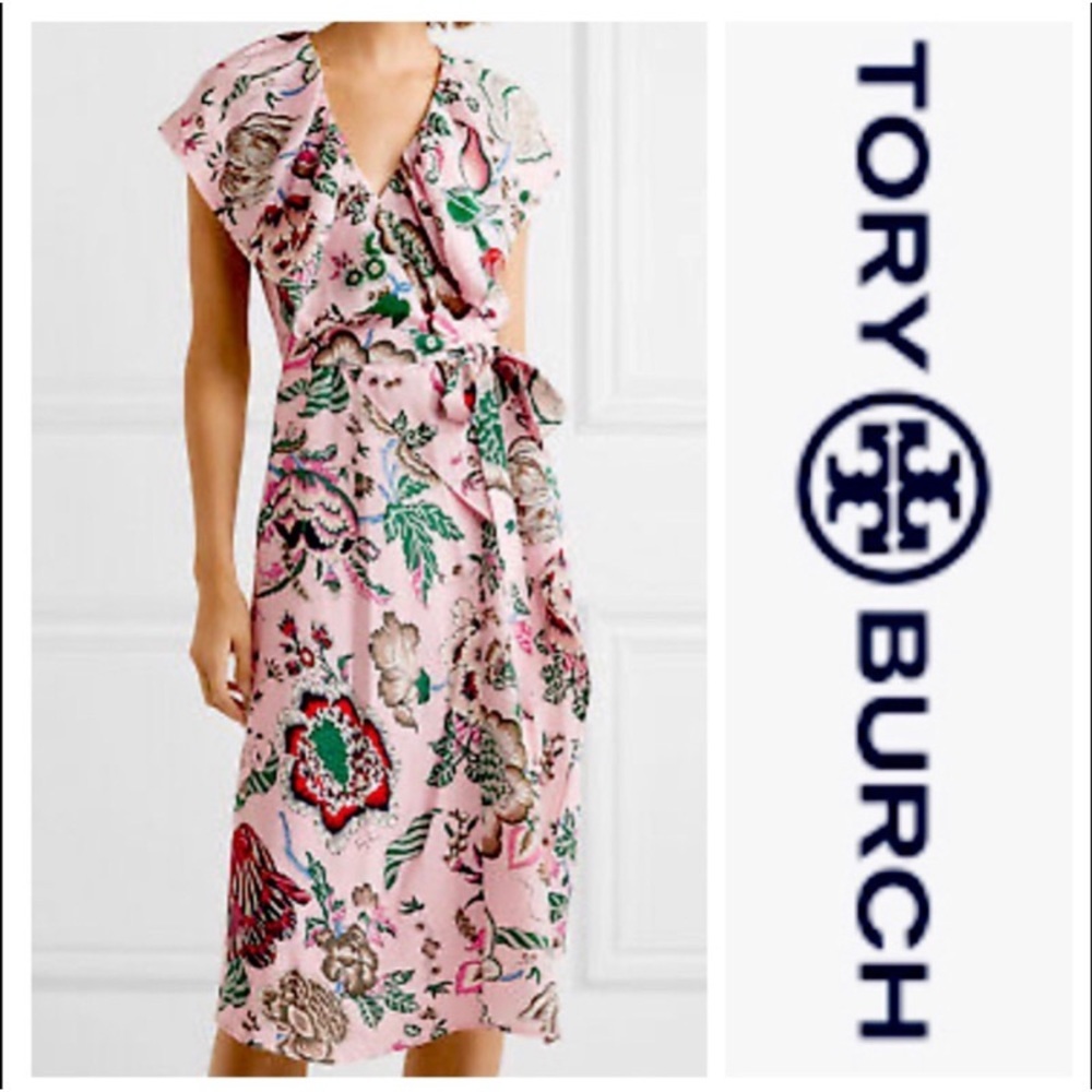Tory Burch Adelia Pink Floral Ruffle Wrap Dress 6
